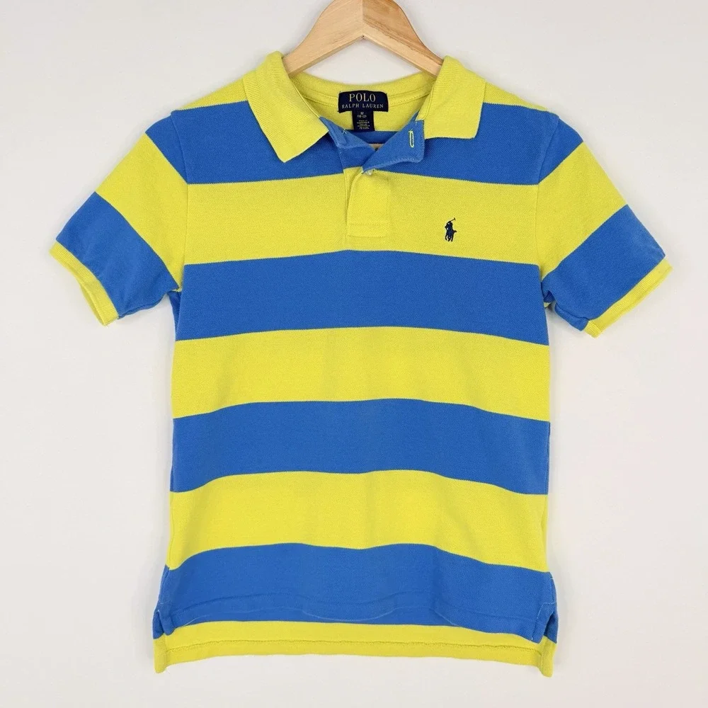 Ralph Lauren Youth Yellow Blue Striped Short Sleeve Rugby Polo Shirt SZ- M 10/12